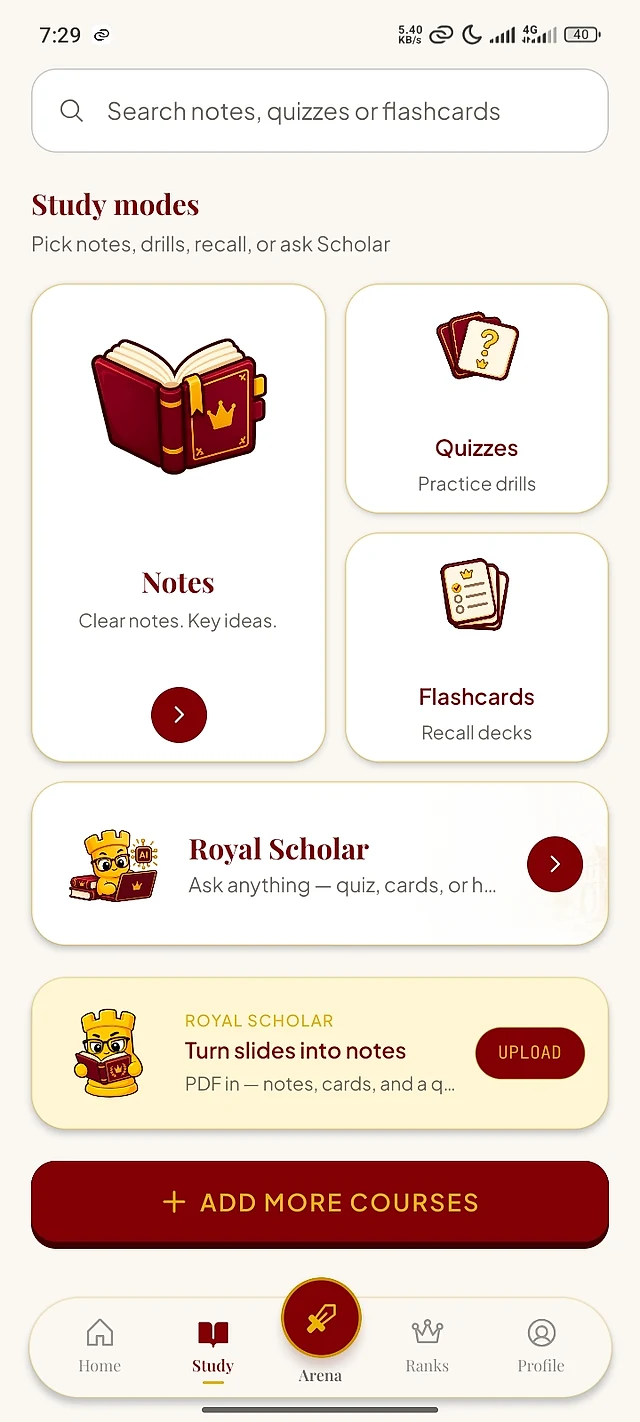 Roylithia Campus — the Study screen, showing Notes, Quizzes, Flashcards, and Royal Scholar.